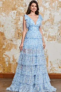 Princesa A Linha V Pescoço Azul Vestido Longo Baile com Folhos Fenda