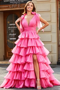 Princesa A-Line V-Neck Fuchsia vestido de baile de formatura com fenda