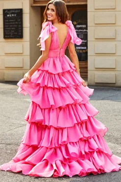 Princesa A-Line V-Neck Fuchsia vestido de baile de formatura com fenda