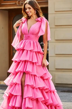 Princesa A-Line V-Neck Fuchsia vestido de baile de formatura com fenda