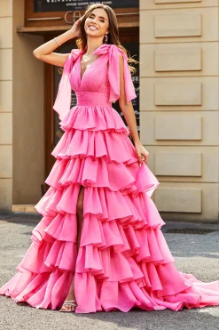 Princesa A-Line V-Neck Fuchsia vestido de baile de formatura com fenda