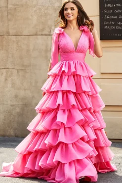 Princesa A-Line V-Neck Fuchsia vestido de baile de formatura com fenda