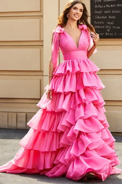 Princesa A-Line V-Neck Fuchsia vestido de baile de formatura com fenda