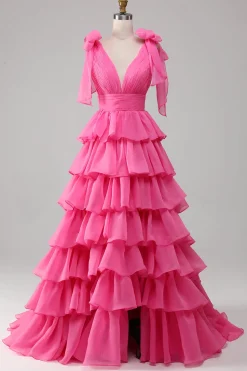 Princesa A-Line V-Neck Fuchsia Prom Vestido Com Fenda