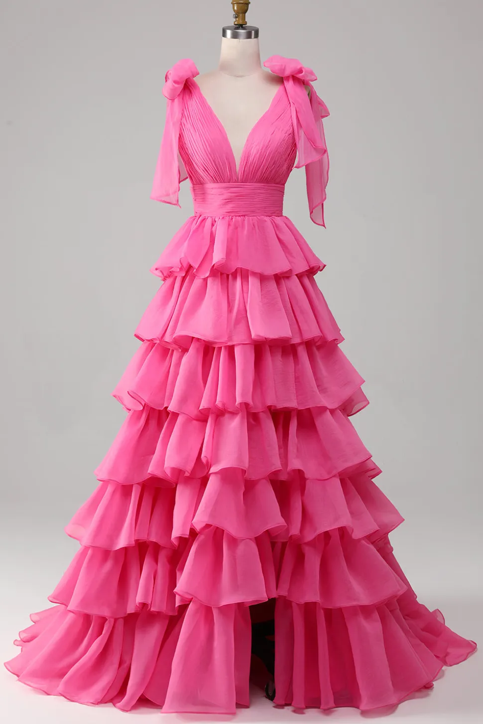 Princesa A-Line V-Neck Fuchsia Prom Vestido Com Fenda
