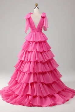 Princesa A-Line V-Neck Fuchsia Prom Vestido Com Fenda