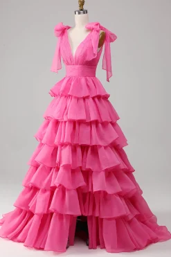Princesa A-Line V-Neck Fuchsia Prom Vestido Com Fenda