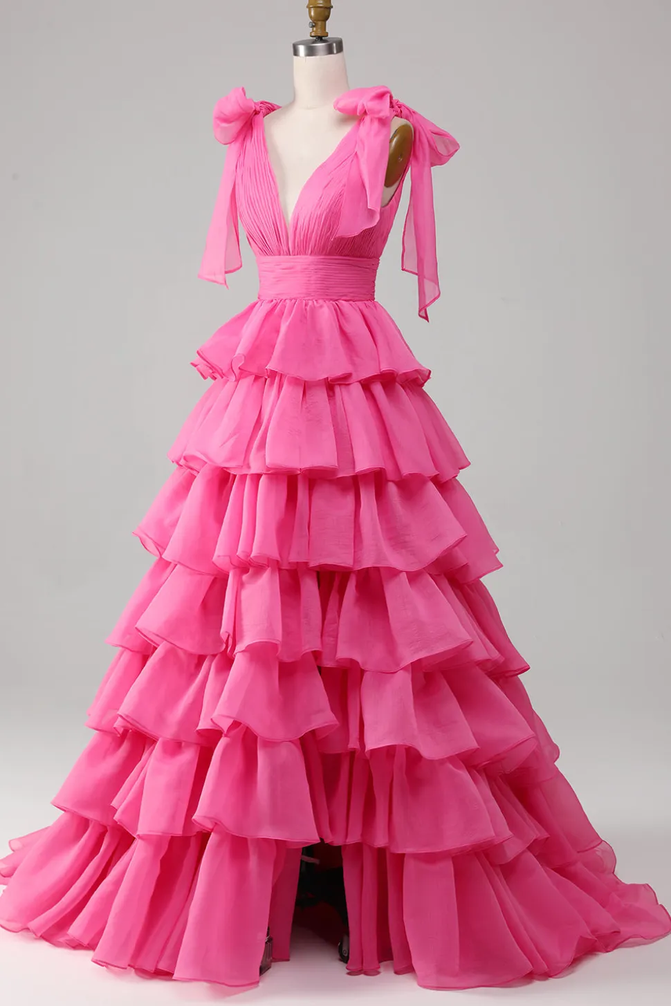 Princesa A-Line V-Neck Fuchsia Prom Vestido Com Fenda