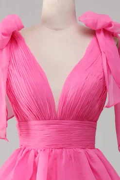 Princesa A-Line V-Neck Fuchsia Prom Vestido Com Fenda