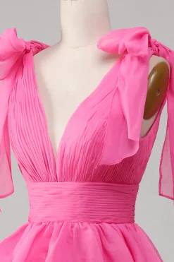 Princesa A-Line V-Neck Fuchsia Prom Vestido Com Fenda