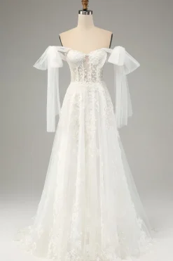 Princesa Branca A-Line Lace Up Tulle Corset Vestido de Noiva com Appliques Lace