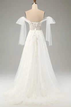 Princesa Branca A-Line Lace Up Tulle Corset Vestido de Noiva com Appliques Lace