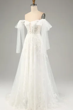 Princesa Branca A-Line Lace Up Tulle Corset Vestido de Noiva com Appliques Lace