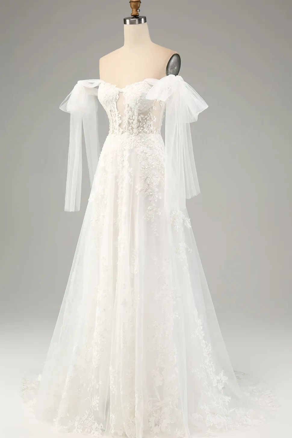 Princesa Branca A-Line Lace Up Tulle Corset Vestido de Noiva com Appliques Lace