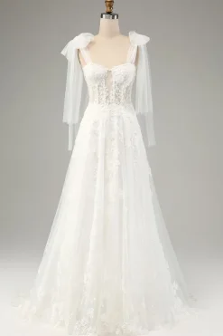Princesa Branca A-Line Lace Up Tulle Corset Vestido de Noiva com Appliques Lace
