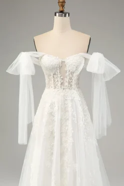 Princesa Branca A-Line Lace Up Tulle Corset Vestido de Noiva com Appliques Lace