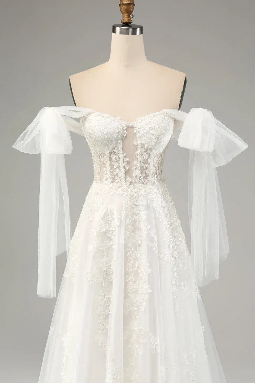 Princesa Branca A-Line Lace Up Tulle Corset Vestido de Noiva com Appliques Lace