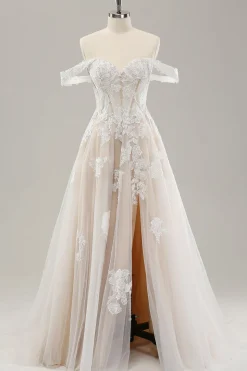 Princesa Branca Fora do Ombro Applique Tulle Vestido de Noiva com Fenda