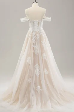 Princesa Branca Fora do Ombro Applique Tulle Vestido de Noiva com Fenda