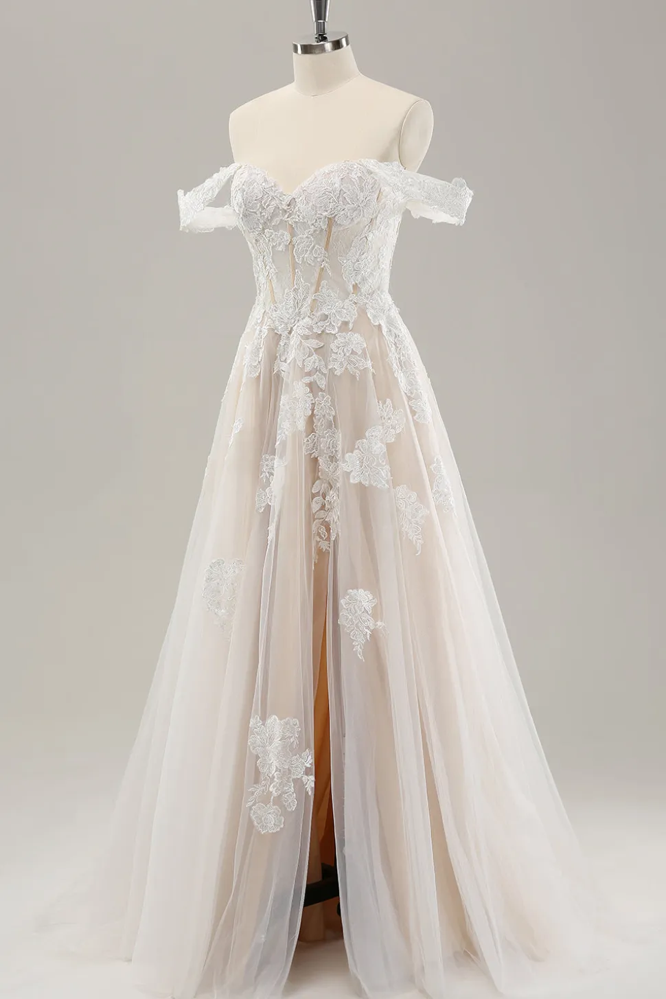 Princesa Branca Fora do Ombro Applique Tulle Vestido de Noiva com Fenda