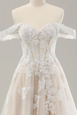 Princesa Branca Fora do Ombro Applique Tulle Vestido de Noiva com Fenda
