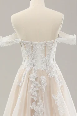 Princesa Branca Fora do Ombro Applique Tulle Vestido de Noiva com Fenda