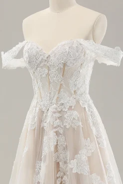 Princesa Branca Fora do Ombro Applique Tulle Vestido de Noiva com Fenda