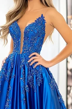 Princesa Cetim Royal Blue Spaghetti Correias Vestido de Baile com Apliques