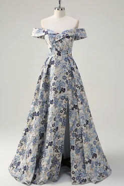 Princesa Flor Azul Brilhante Fora do Ombro Ruched Long Prom Dress com Fenda