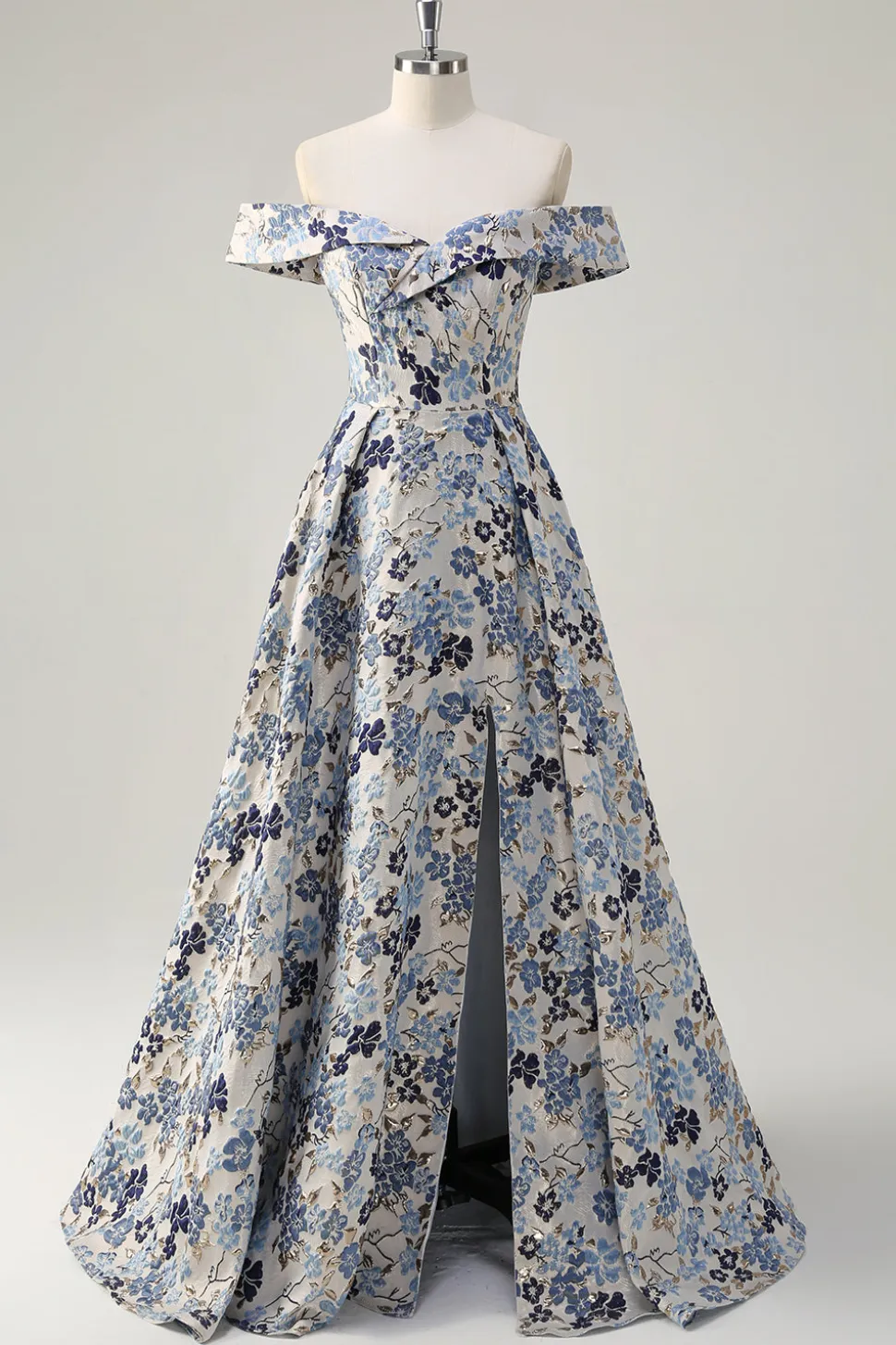 Princesa Flor Azul Brilhante Fora do Ombro Ruched Long Prom Dress com Fenda