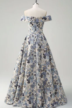 Princesa Flor Azul Brilhante Fora do Ombro Ruched Long Prom Dress com Fenda