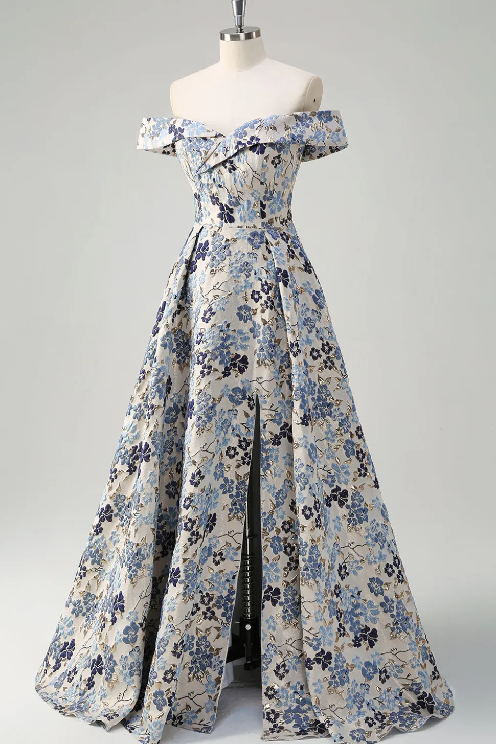 Princesa Flor Azul Brilhante Fora do Ombro Ruched Long Prom Dress com Fenda