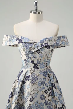 Princesa Flor Azul Brilhante Fora do Ombro Ruched Long Prom Dress com Fenda