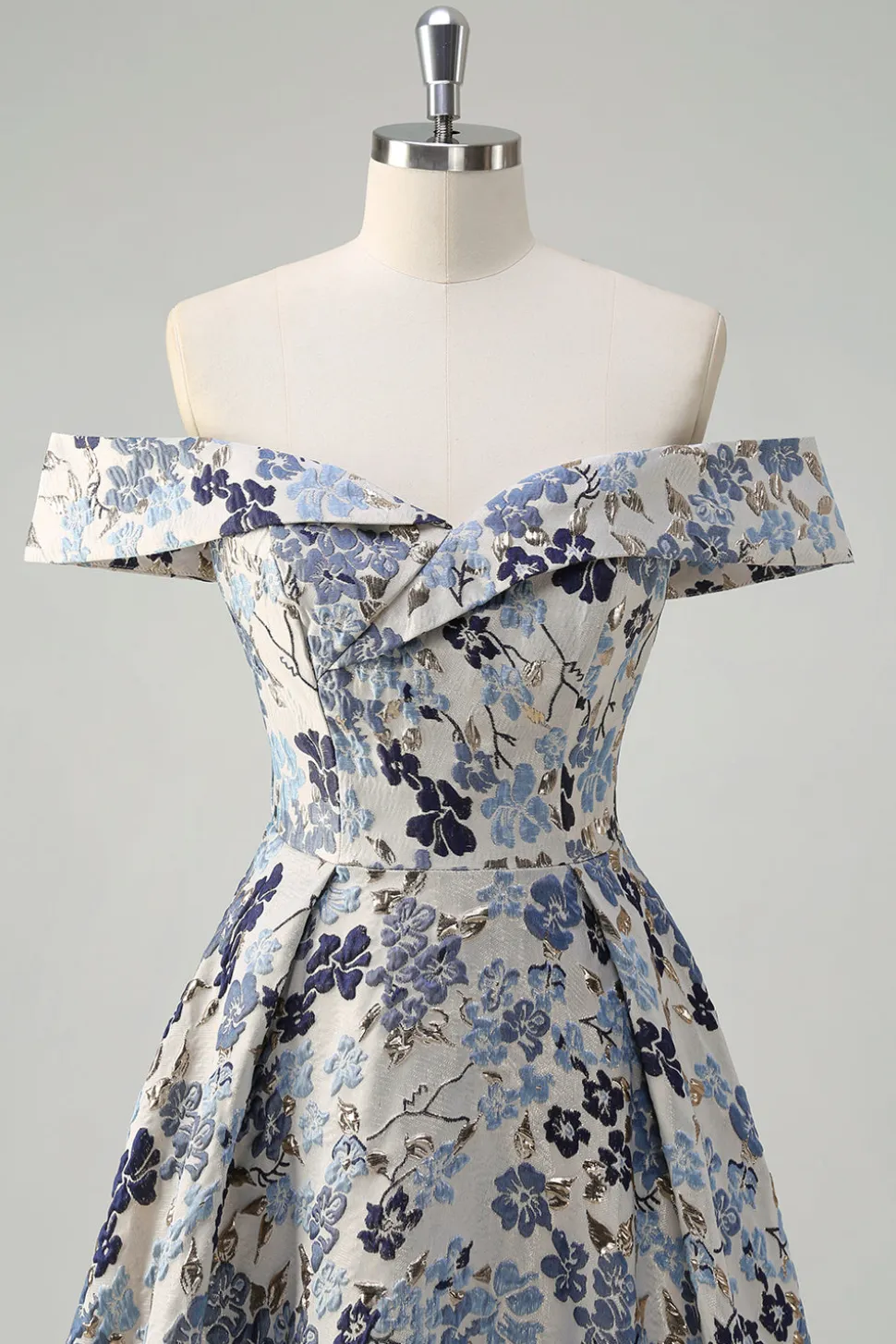 Princesa Flor Azul Brilhante Fora do Ombro Ruched Long Prom Dress com Fenda