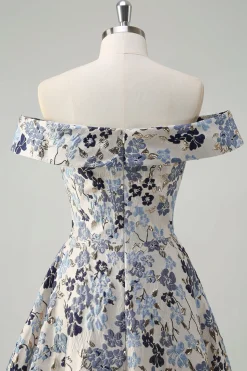 Princesa Flor Azul Brilhante Fora do Ombro Ruched Long Prom Dress com Fenda