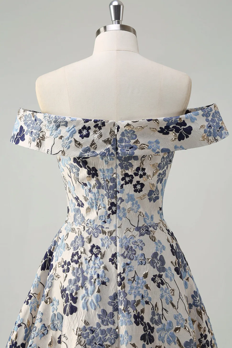 Princesa Flor Azul Brilhante Fora do Ombro Ruched Long Prom Dress com Fenda