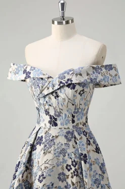 Princesa Flor Azul Brilhante Fora do Ombro Ruched Long Prom Dress com Fenda