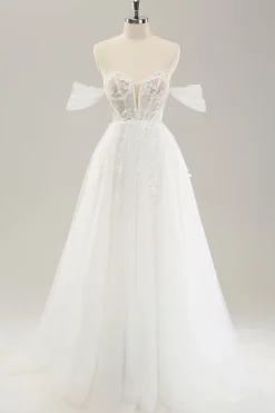 Princesa fora do ombro varrer trem tule espartilho vestido de noiva com apliques