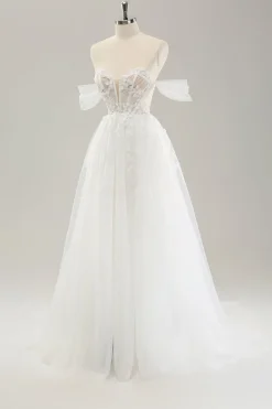 Princesa fora do ombro varrer trem tule espartilho vestido de noiva com apliques