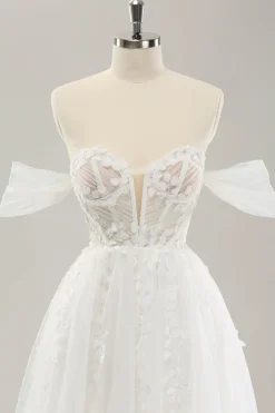 Princesa fora do ombro varrer trem tule espartilho vestido de noiva com apliques