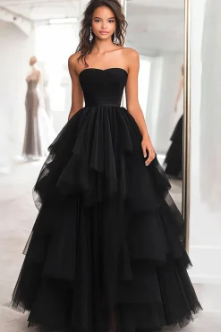 Princesa Preto Strapless Tule Tiered Ruched Long Prom Dress