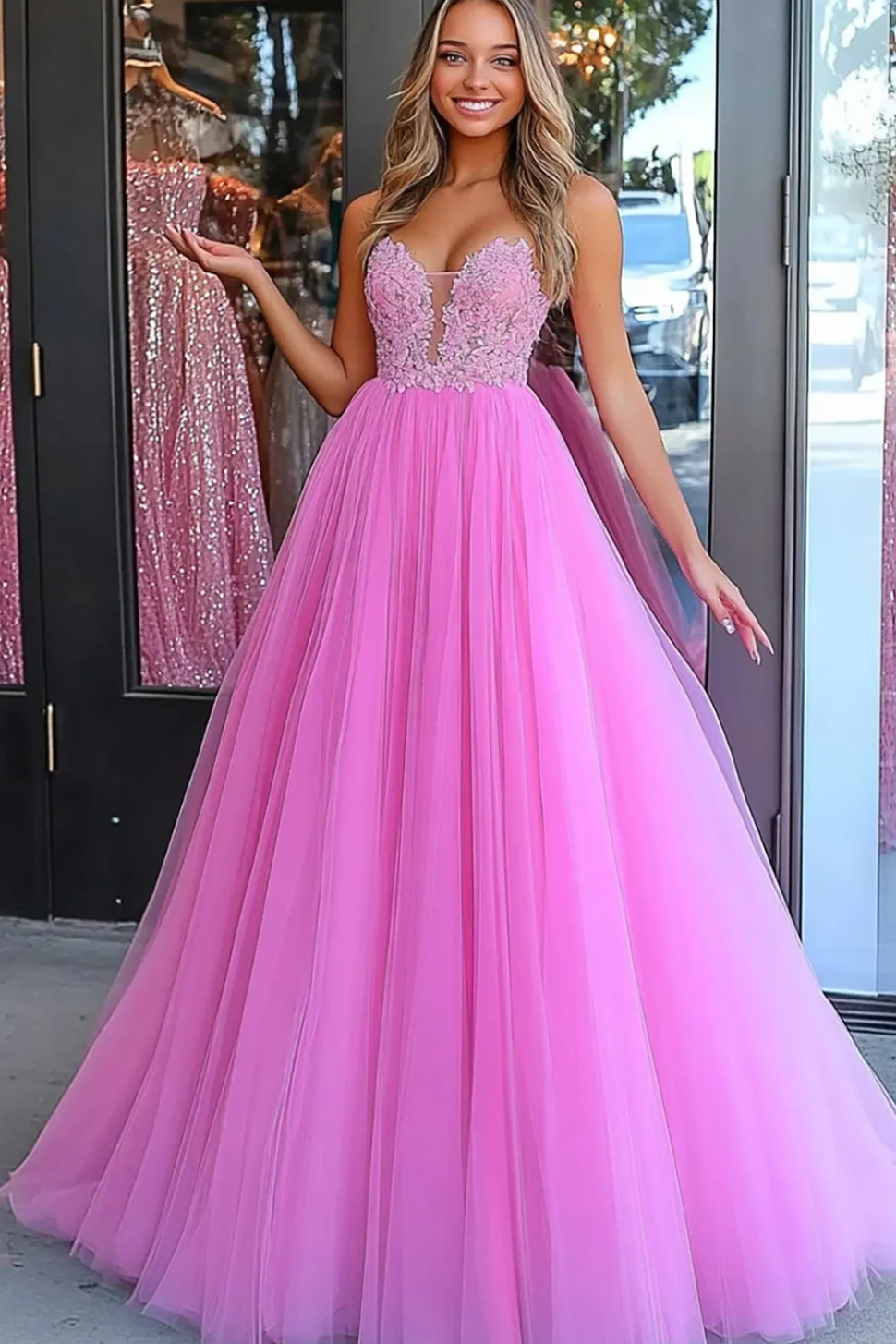 Princesa Rosa Uma Linha Tulle Prom Dress com Appliques