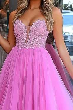 Princesa Rosa Uma Linha Tulle Prom Dress com Appliques