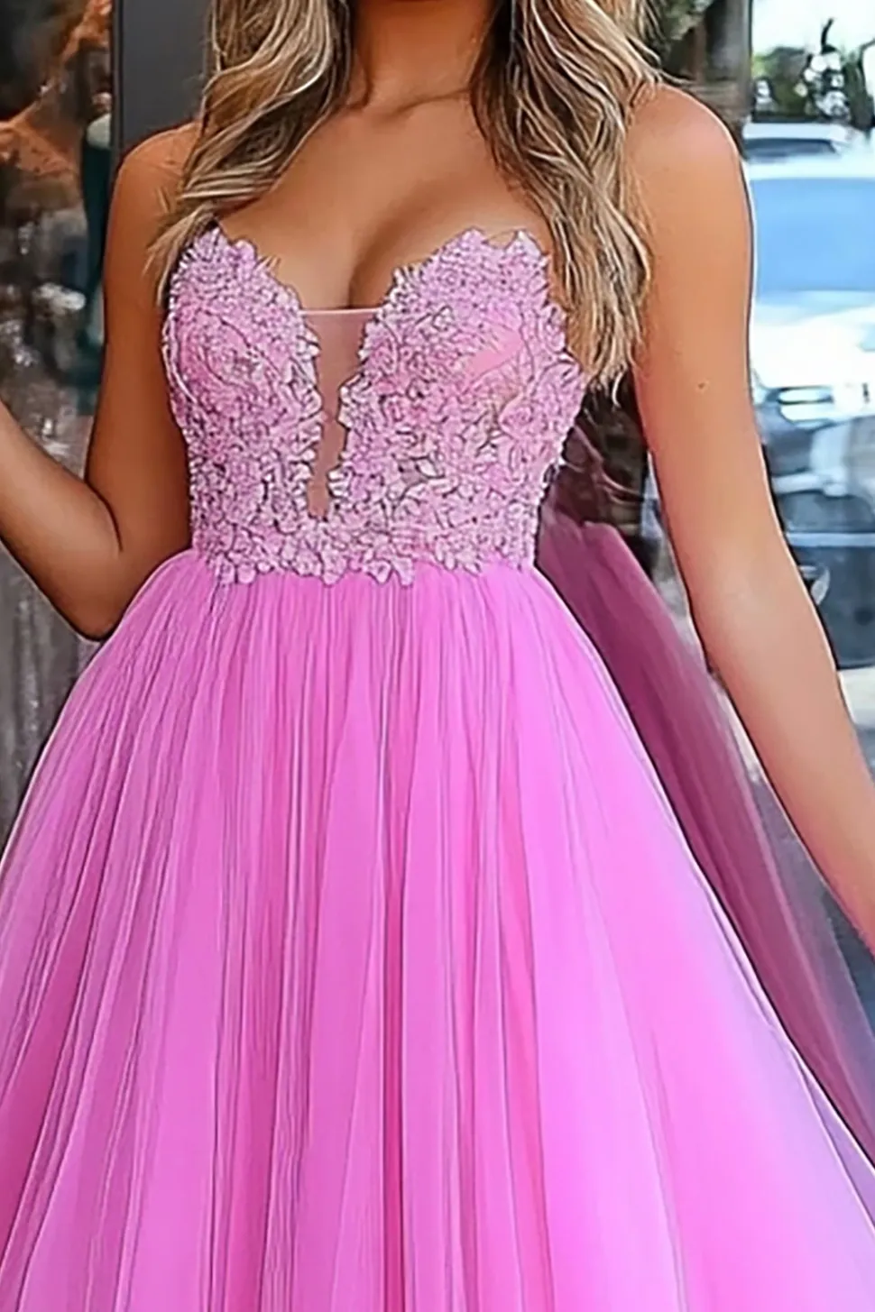 Princesa Rosa Uma Linha Tulle Prom Dress com Appliques