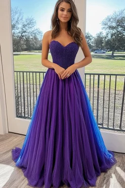 Princesa Tulle Ameixa Querida Vestido Longo Baile de Formatura com Apliques