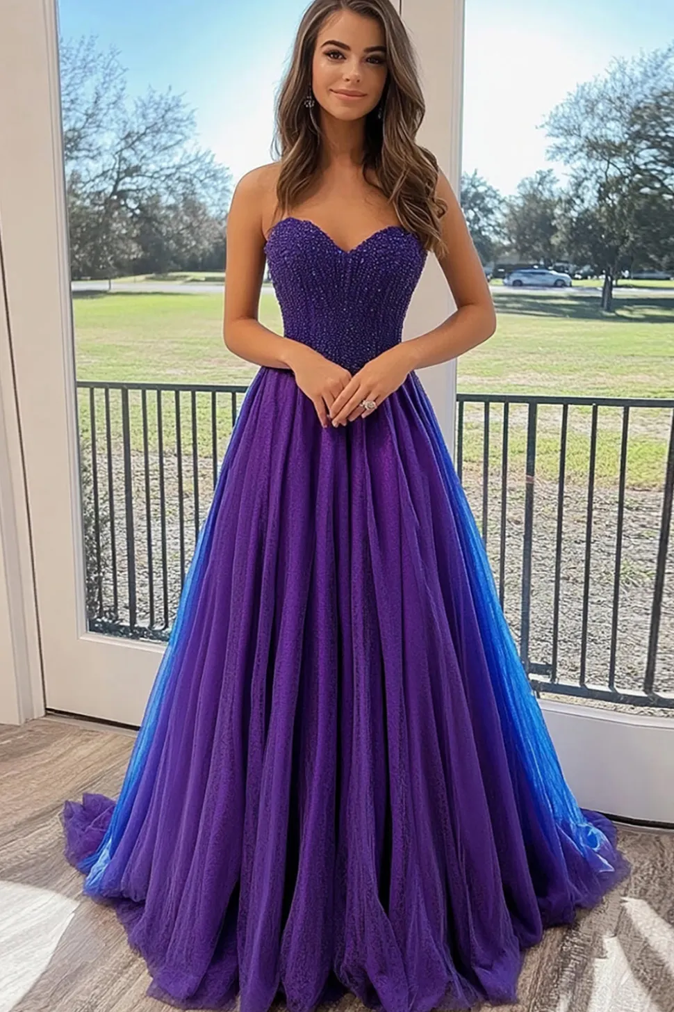 Princesa Tulle Ameixa Querida Vestido Longo Baile de Formatura com Apliques