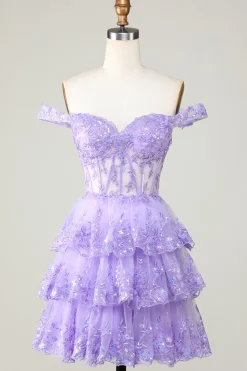 Princesa Uma Linha Espartilho Roxo Tiered Vestido Curto Homecoming com Renda