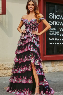 Princesa Uma linha fora do ombro preto rosa longo vestido de baile com renda em camadas