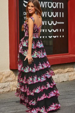 Princesa Uma linha fora do ombro preto rosa longo vestido de baile com renda em camadas