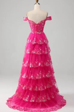 Princesa Uma linha fora do ombro preto rosa longo vestido de baile com renda em camadas